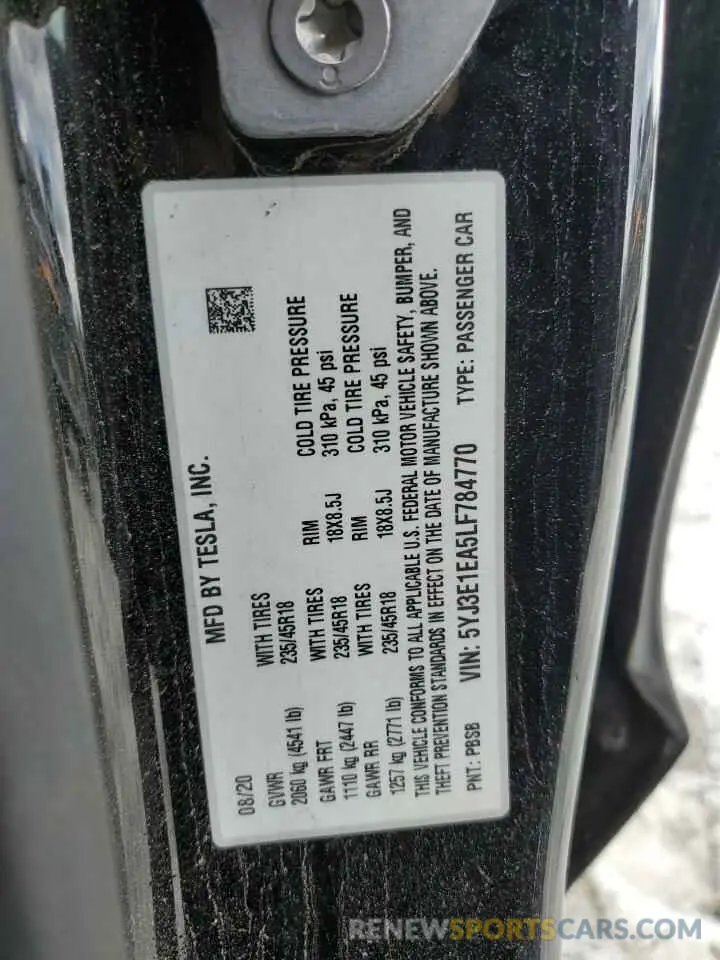 12 Photograph of a damaged car 5YJ3E1EA5LF784770 TESLA MODEL 3 2020
