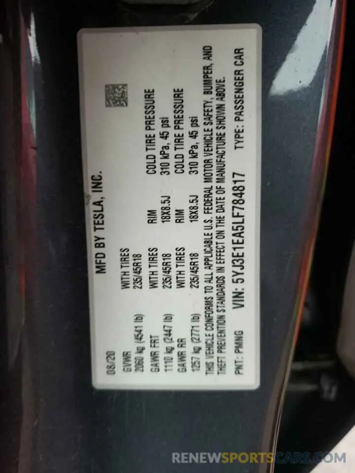 13 Photograph of a damaged car 5YJ3E1EA5LF784817 TESLA MODEL 3 2020
