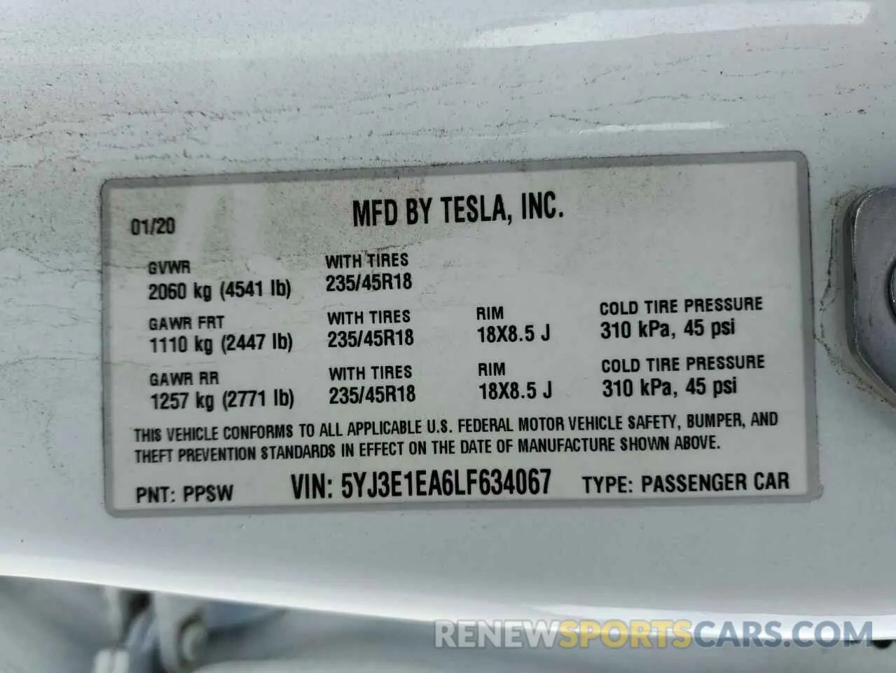 12 Photograph of a damaged car 5YJ3E1EA6LF634067 TESLA MODEL 3 2020
