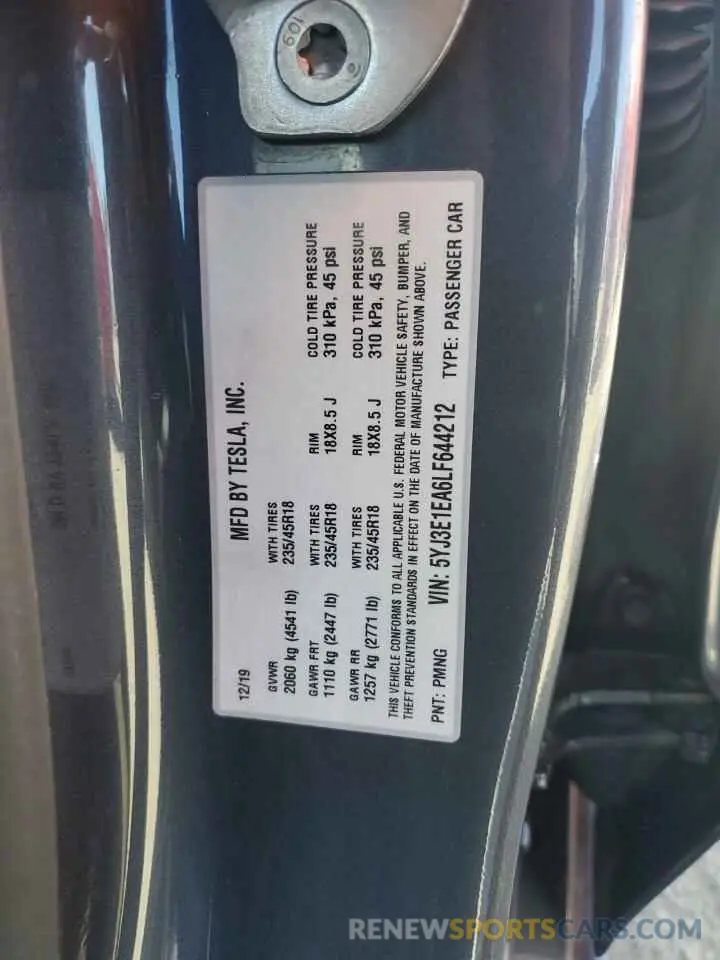 12 Photograph of a damaged car 5YJ3E1EA6LF644212 TESLA MODEL 3 2020