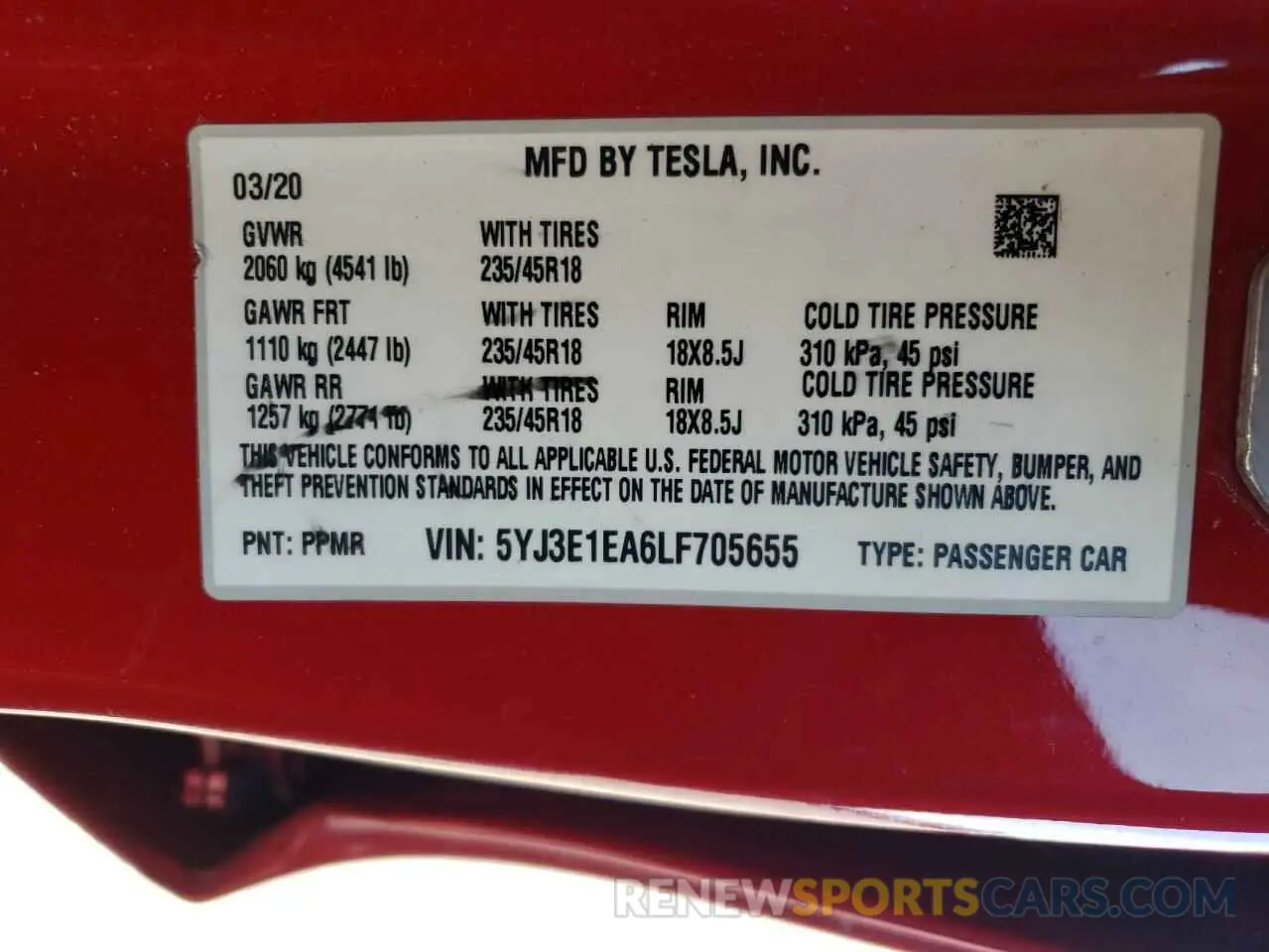 14 Photograph of a damaged car 5YJ3E1EA6LF705655 TESLA MODEL 3 2020