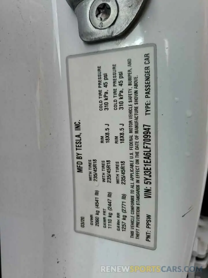 12 Photograph of a damaged car 5YJ3E1EA6LF709947 TESLA MODEL 3 2020