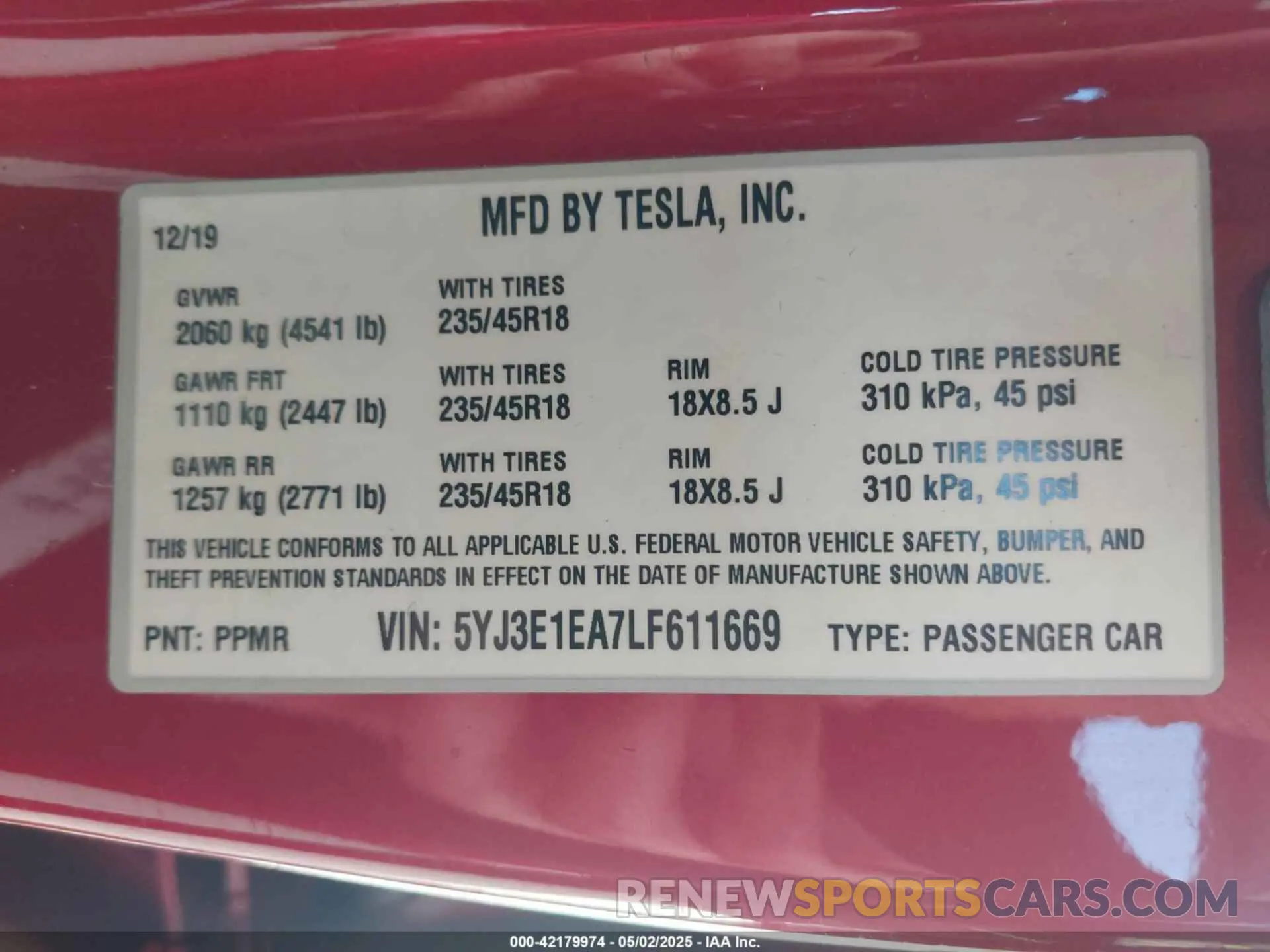 9 Photograph of a damaged car 5YJ3E1EA7LF611669 TESLA MODEL 3 2020