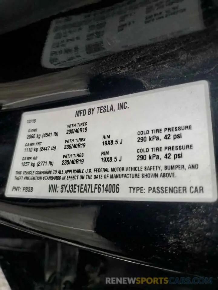 12 Photograph of a damaged car 5YJ3E1EA7LF614006 TESLA MODEL 3 2020