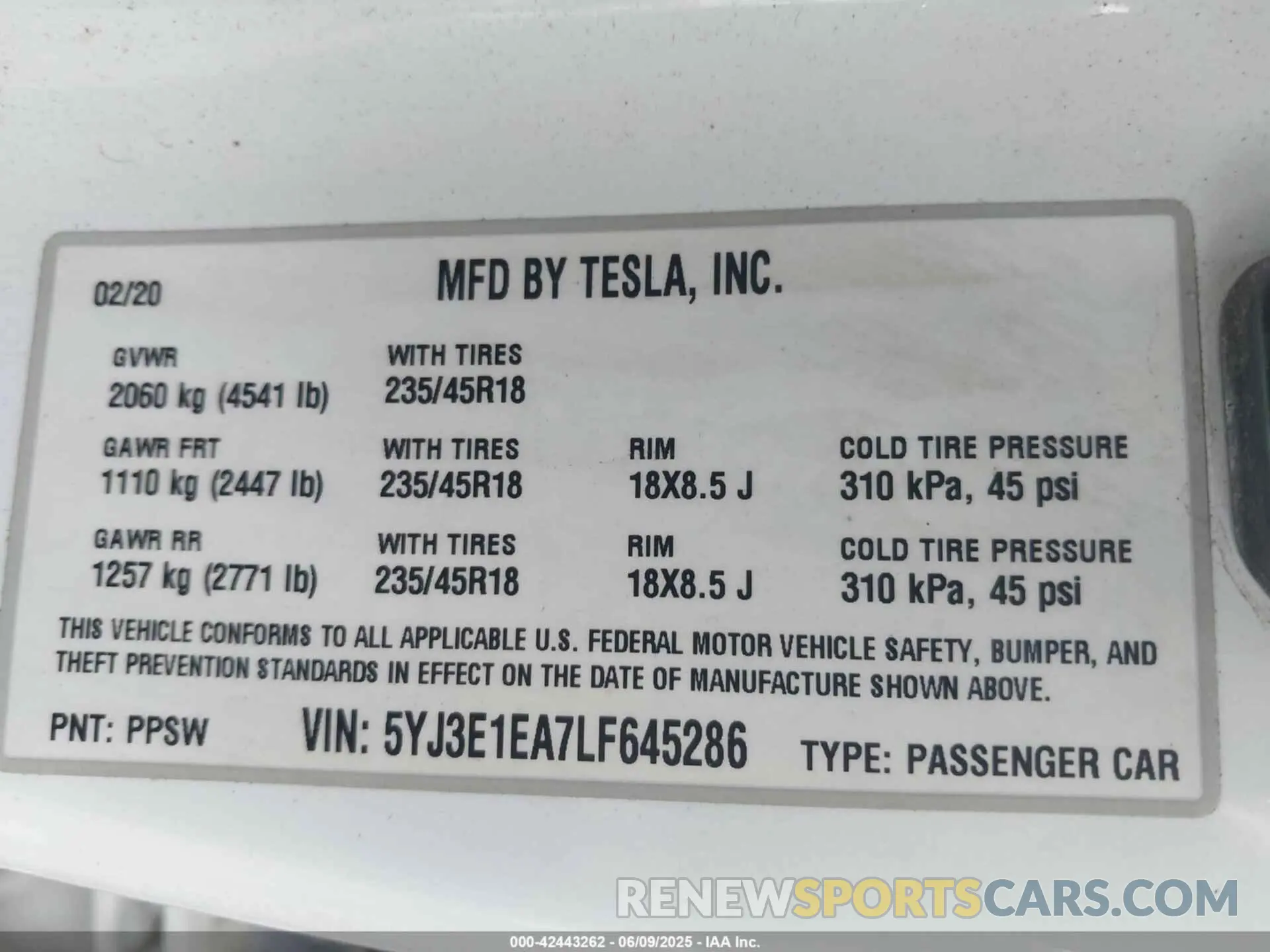 9 Photograph of a damaged car 5YJ3E1EA7LF645286 TESLA MODEL 3 2020