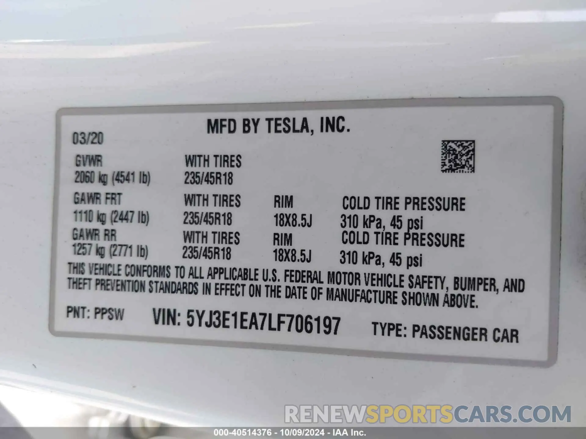 9 Photograph of a damaged car 5YJ3E1EA7LF706197 TESLA MODEL 3 2020