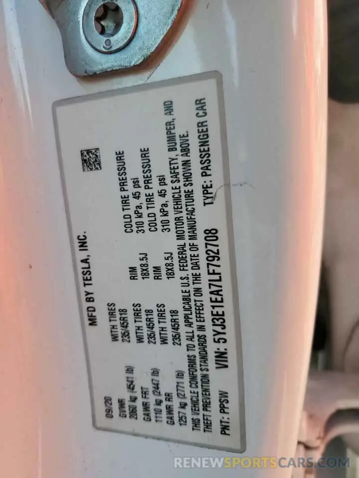 14 Photograph of a damaged car 5YJ3E1EA7LF792708 TESLA MODEL 3 2020