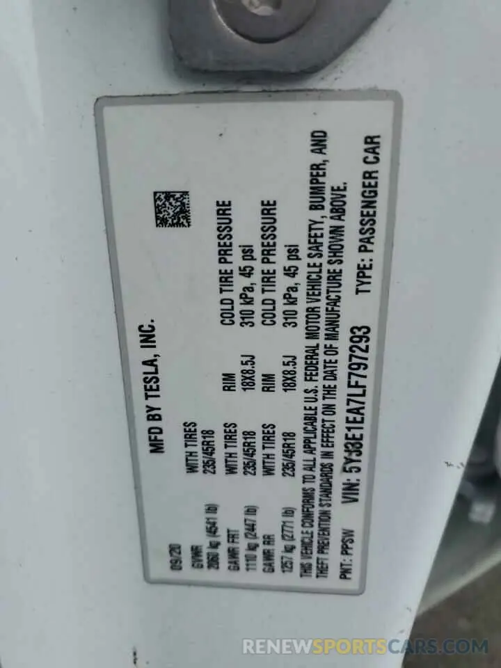 12 Photograph of a damaged car 5YJ3E1EA7LF797293 TESLA MODEL 3 2020
