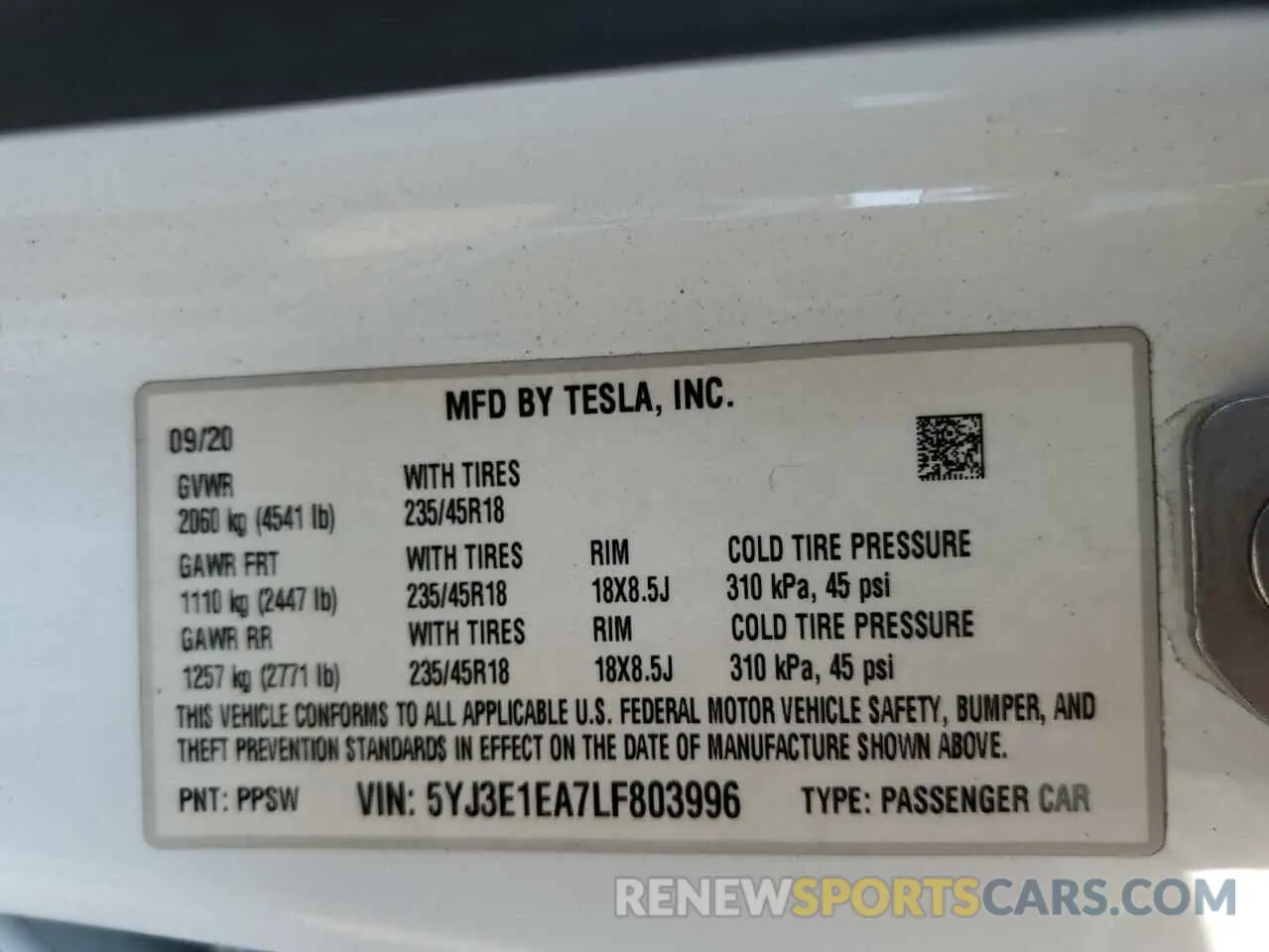 13 Photograph of a damaged car 5YJ3E1EA7LF803996 TESLA MODEL 3 2020