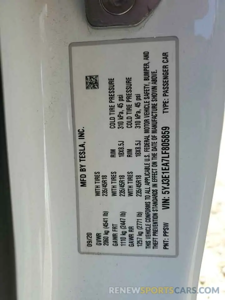 13 Photograph of a damaged car 5YJ3E1EA7LF805859 TESLA MODEL 3 2020