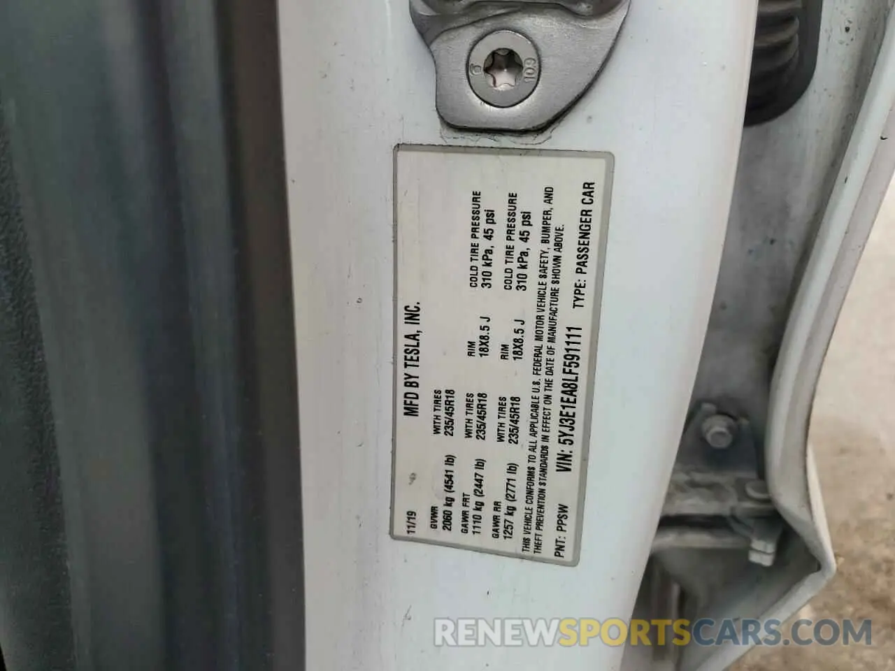 12 Photograph of a damaged car 5YJ3E1EA8LF591111 TESLA MODEL 3 2020