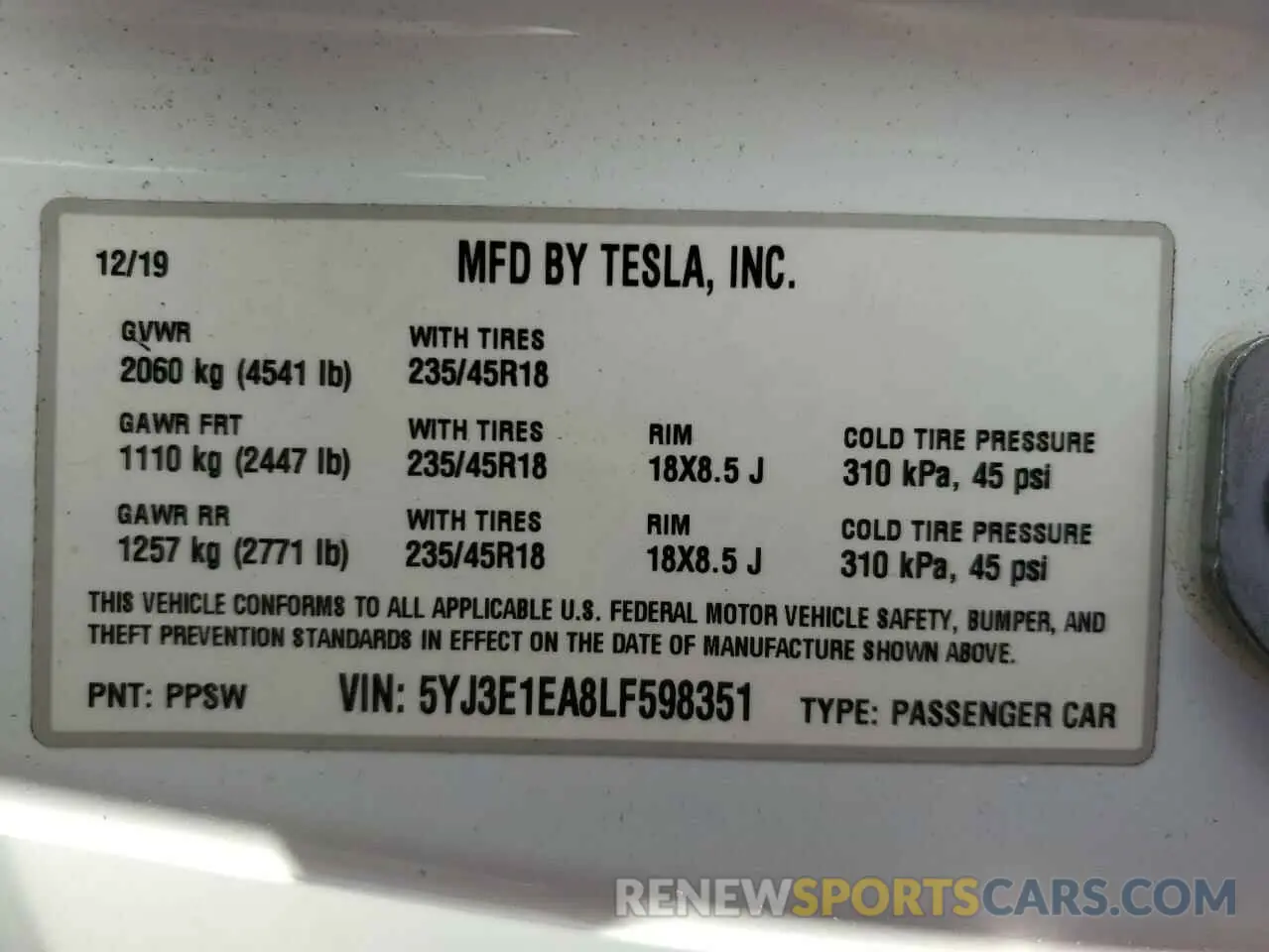 15 Photograph of a damaged car 5YJ3E1EA8LF598351 TESLA MODEL 3 2020