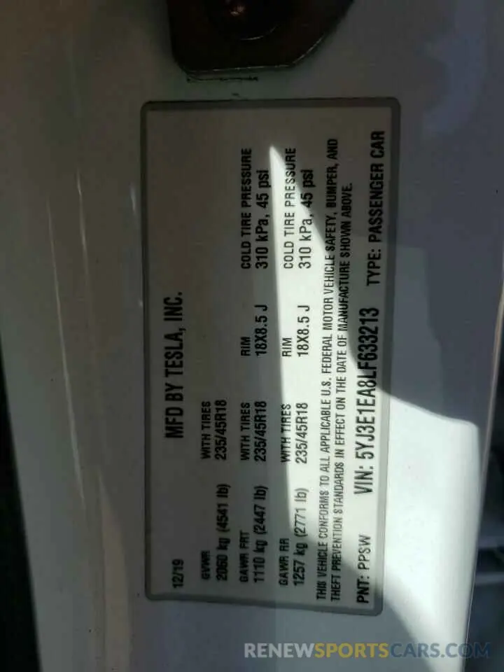 12 Photograph of a damaged car 5YJ3E1EA8LF633213 TESLA MODEL 3 2020