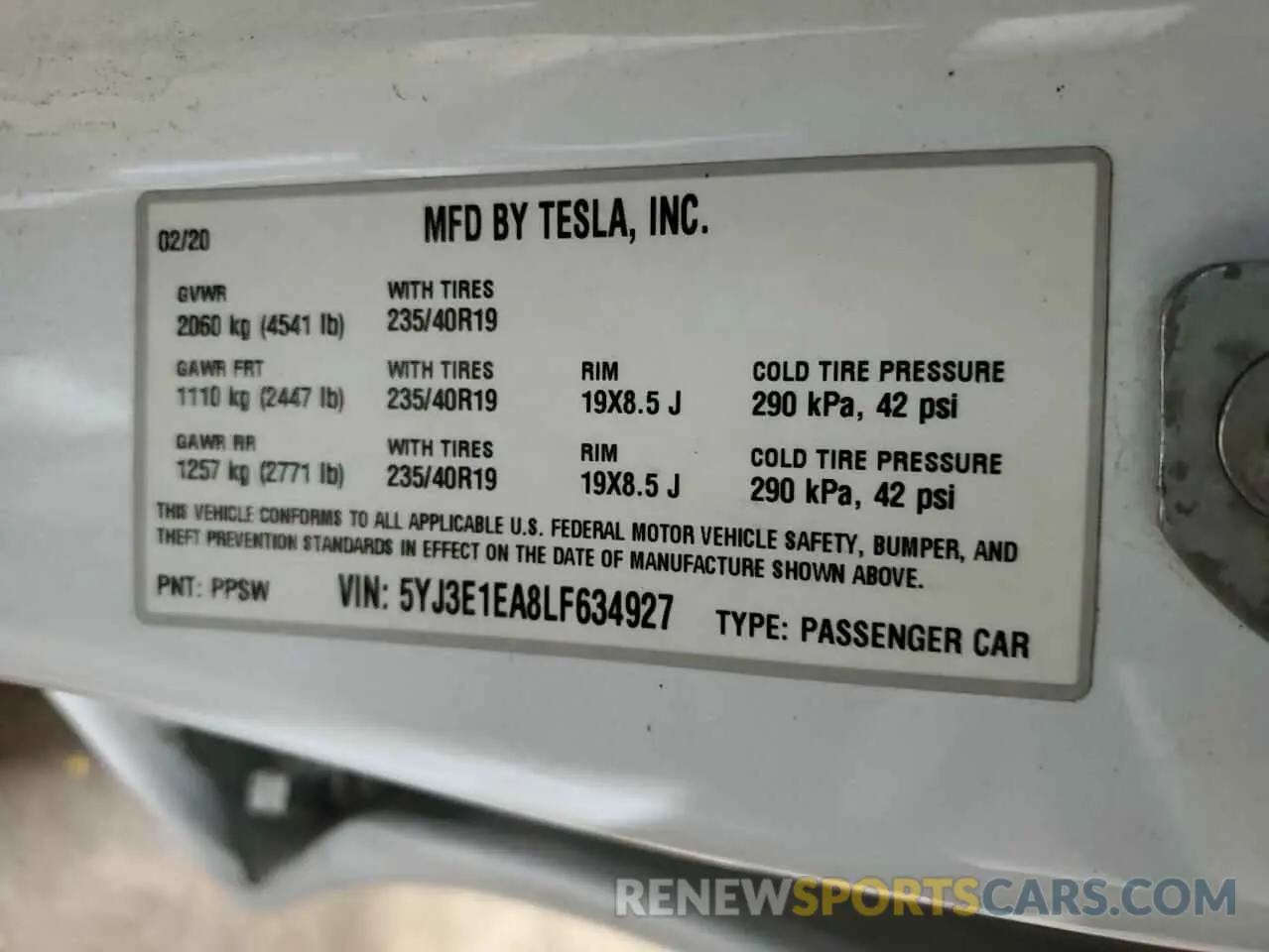 14 Photograph of a damaged car 5YJ3E1EA8LF634927 TESLA MODEL 3 2020