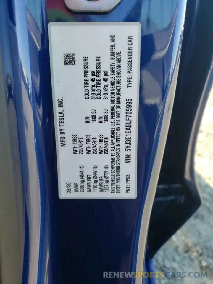 14 Photograph of a damaged car 5YJ3E1EA8LF705995 TESLA MODEL 3 2020