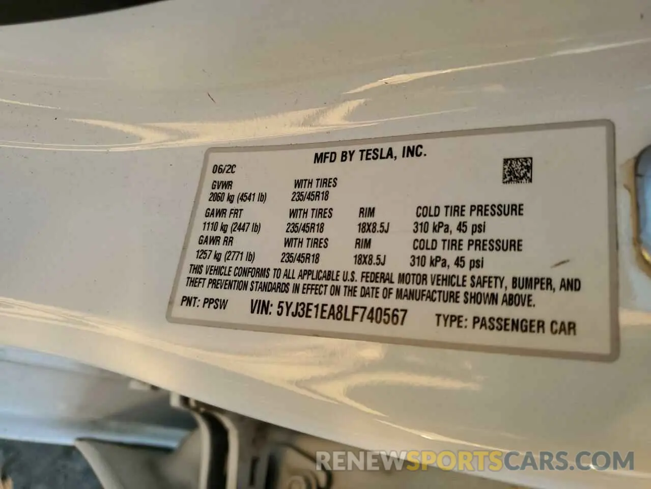 12 Photograph of a damaged car 5YJ3E1EA8LF740567 TESLA MODEL 3 2020