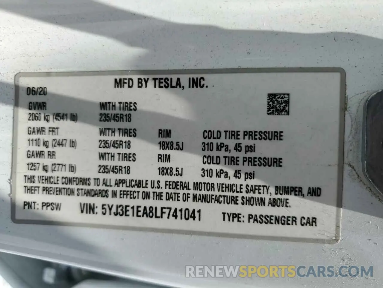 12 Photograph of a damaged car 5YJ3E1EA8LF741041 TESLA MODEL 3 2020