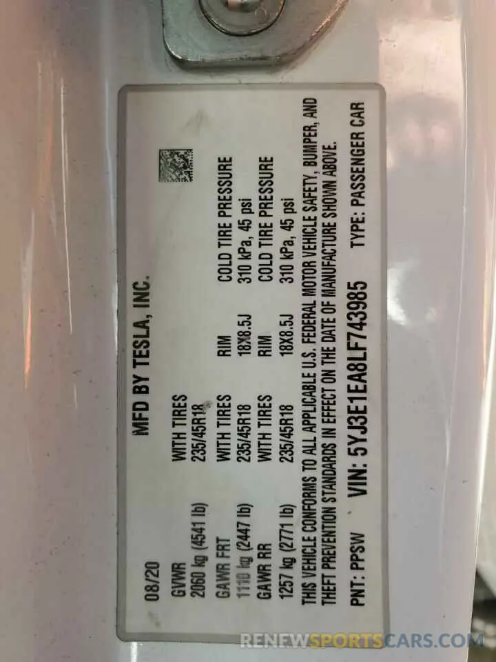 14 Photograph of a damaged car 5YJ3E1EA8LF743985 TESLA MODEL 3 2020