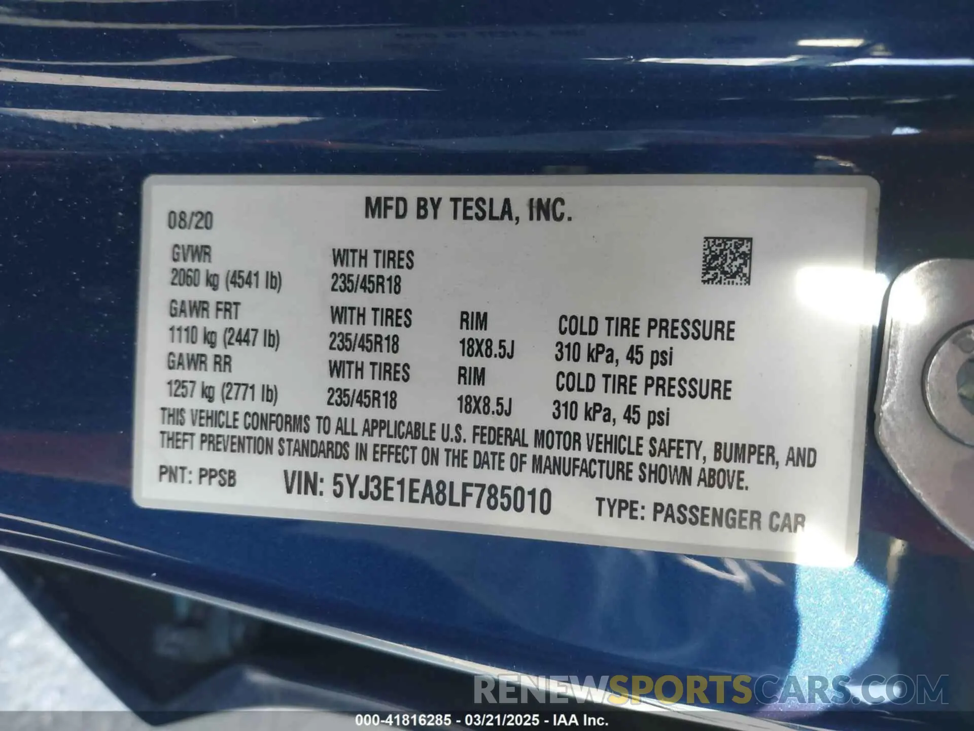 9 Photograph of a damaged car 5YJ3E1EA8LF785010 TESLA MODEL 3 2020