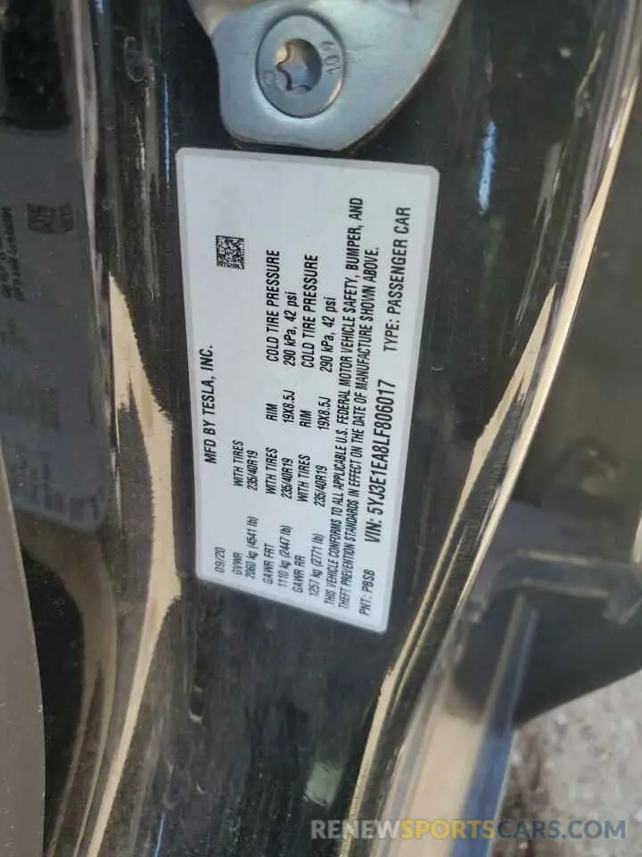 12 Photograph of a damaged car 5YJ3E1EA8LF806017 TESLA MODEL 3 2020