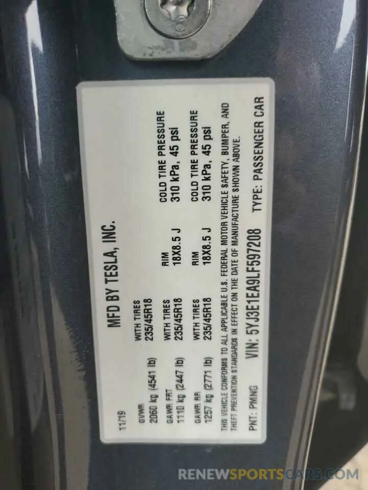 12 Photograph of a damaged car 5YJ3E1EA9LF597208 TESLA MODEL 3 2020