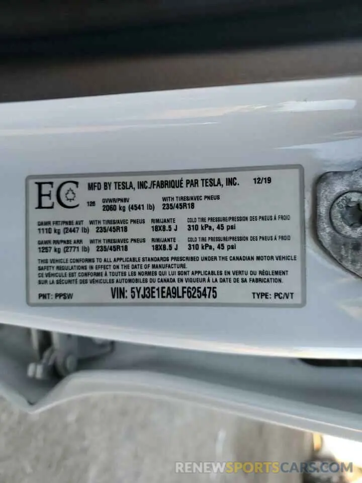 12 Photograph of a damaged car 5YJ3E1EA9LF625475 TESLA MODEL 3 2020