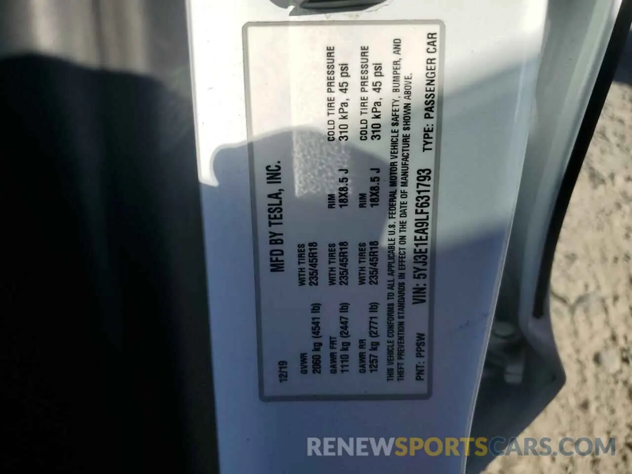 12 Photograph of a damaged car 5YJ3E1EA9LF631793 TESLA MODEL 3 2020