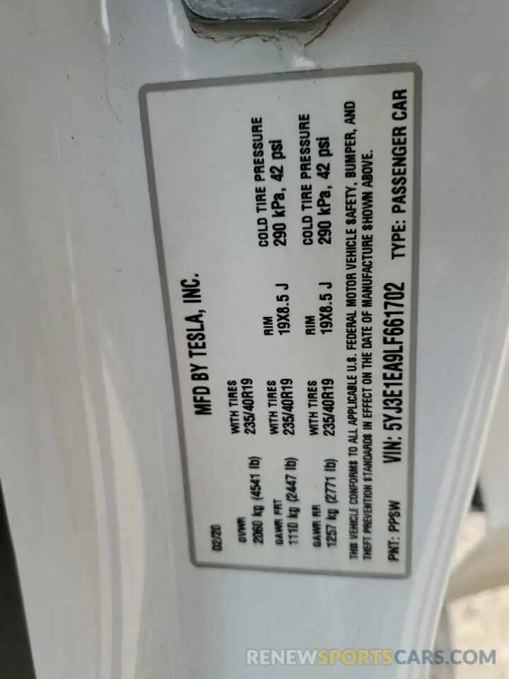 12 Photograph of a damaged car 5YJ3E1EA9LF661702 TESLA MODEL 3 2020