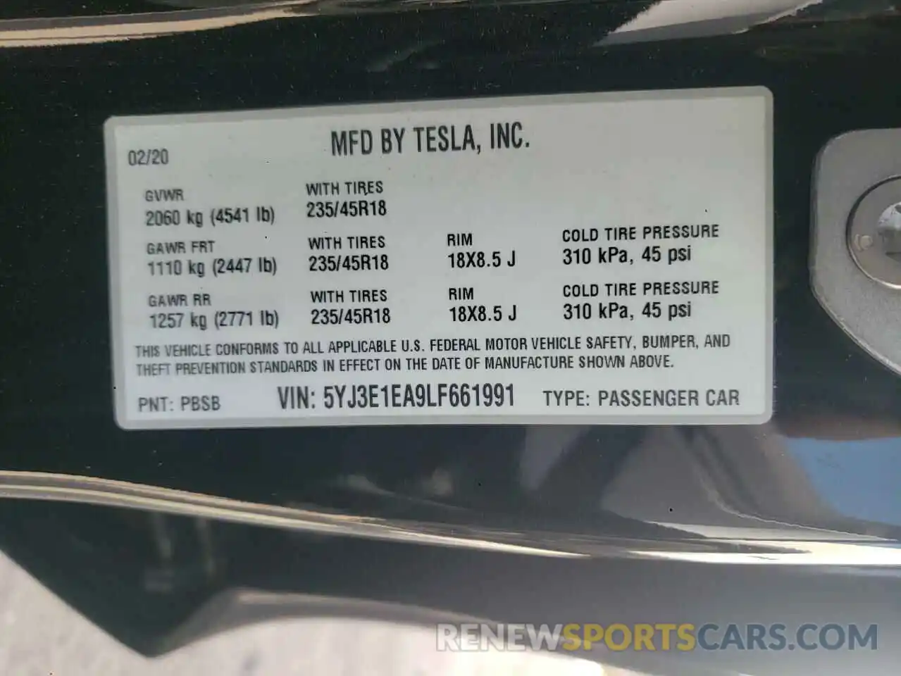 10 Photograph of a damaged car 5YJ3E1EA9LF661991 TESLA MODEL 3 2020