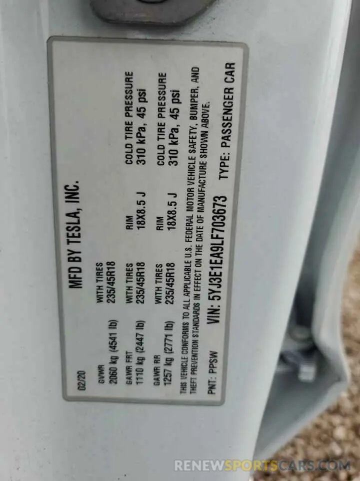 12 Photograph of a damaged car 5YJ3E1EA9LF703673 TESLA MODEL 3 2020