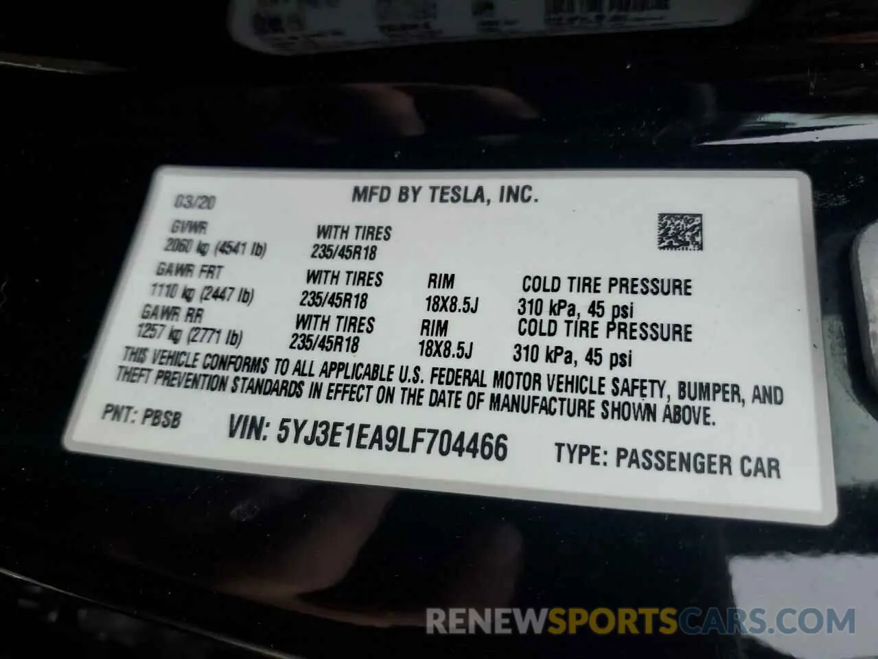 12 Photograph of a damaged car 5YJ3E1EA9LF704466 TESLA MODEL 3 2020