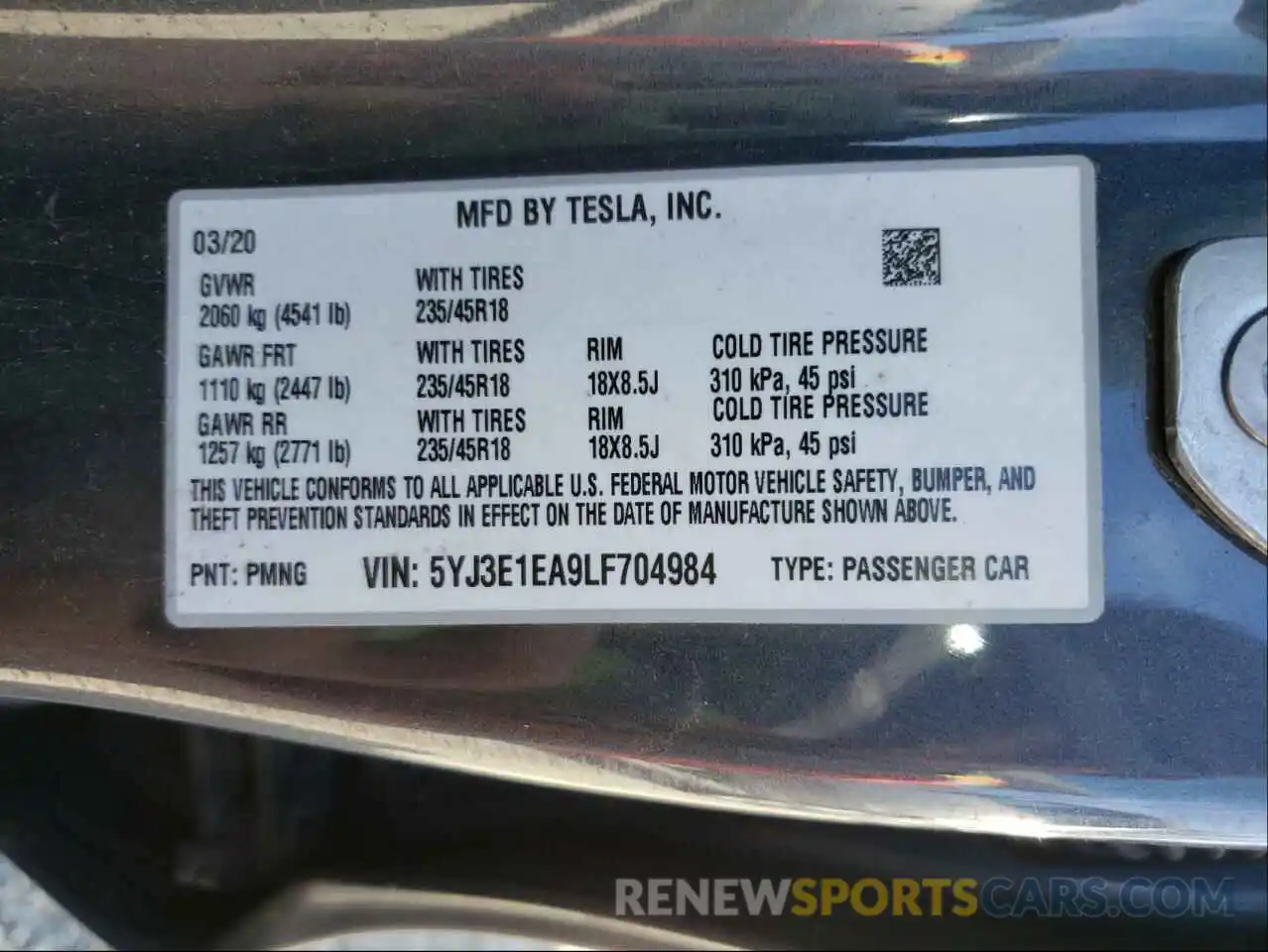 10 Photograph of a damaged car 5YJ3E1EA9LF704984 TESLA MODEL 3 2020