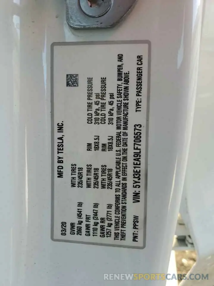 13 Photograph of a damaged car 5YJ3E1EA9LF706573 TESLA MODEL 3 2020