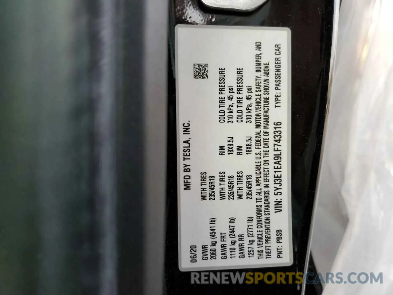 13 Photograph of a damaged car 5YJ3E1EA9LF743316 TESLA MODEL 3 2020