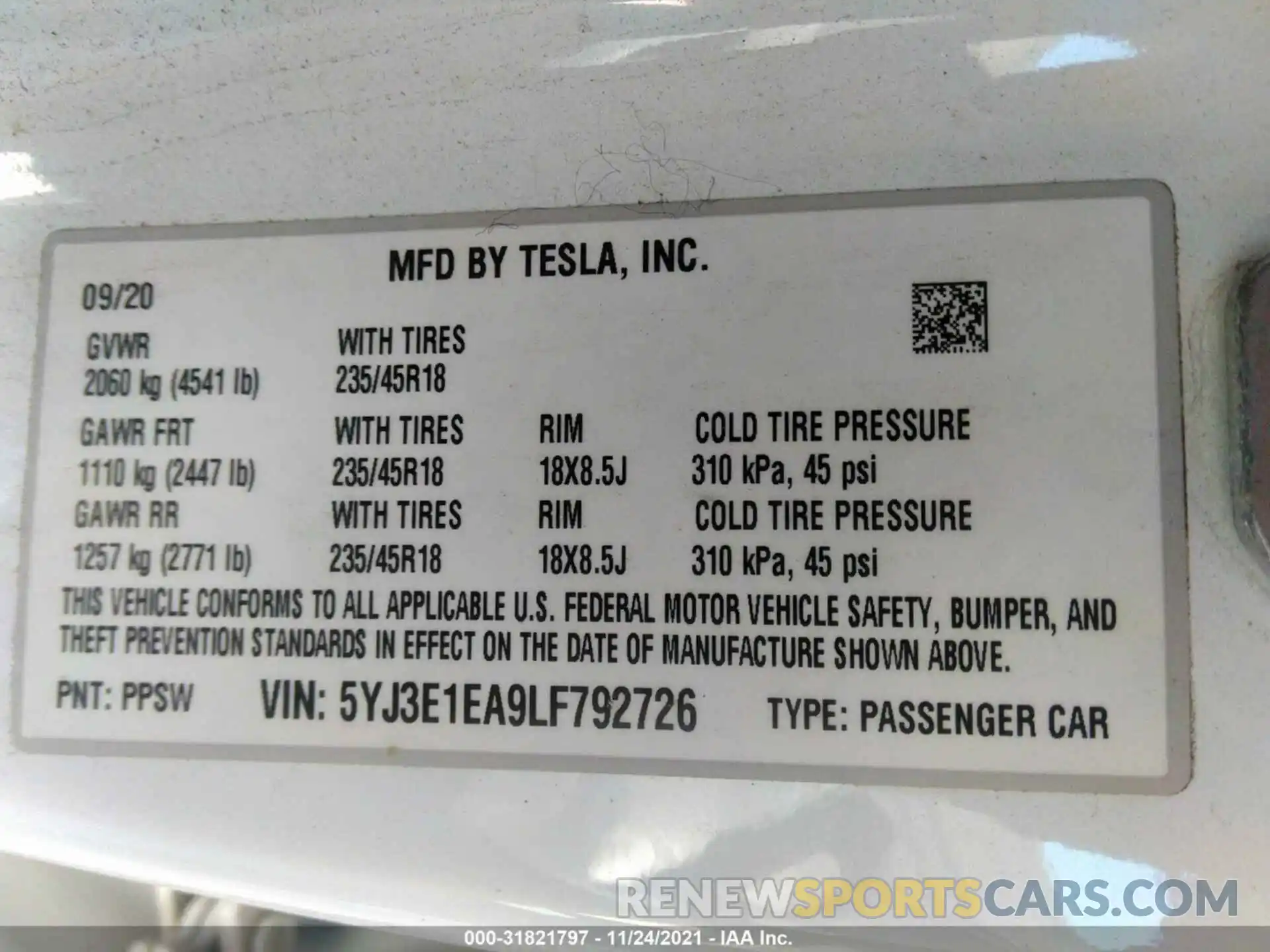 9 Photograph of a damaged car 5YJ3E1EA9LF792726 TESLA MODEL 3 2020