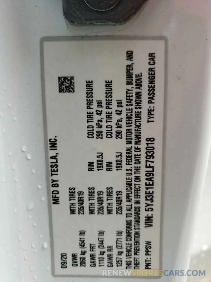 12 Photograph of a damaged car 5YJ3E1EA9LF793018 TESLA MODEL 3 2020