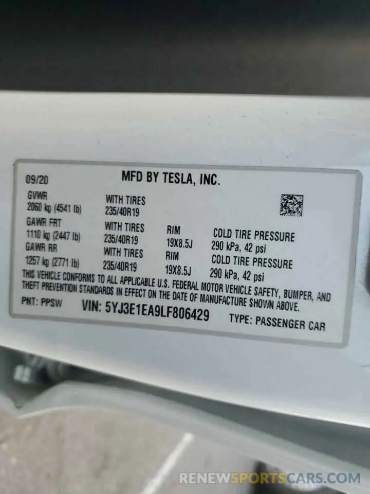 12 Photograph of a damaged car 5YJ3E1EA9LF806429 TESLA MODEL 3 2020