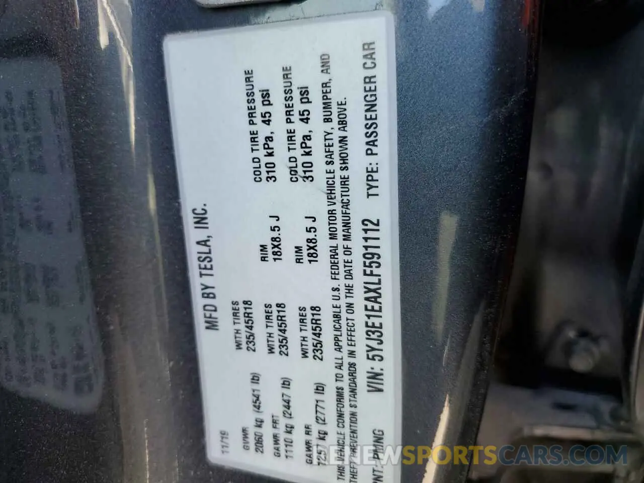 12 Photograph of a damaged car 5YJ3E1EAXLF591112 TESLA MODEL 3 2020