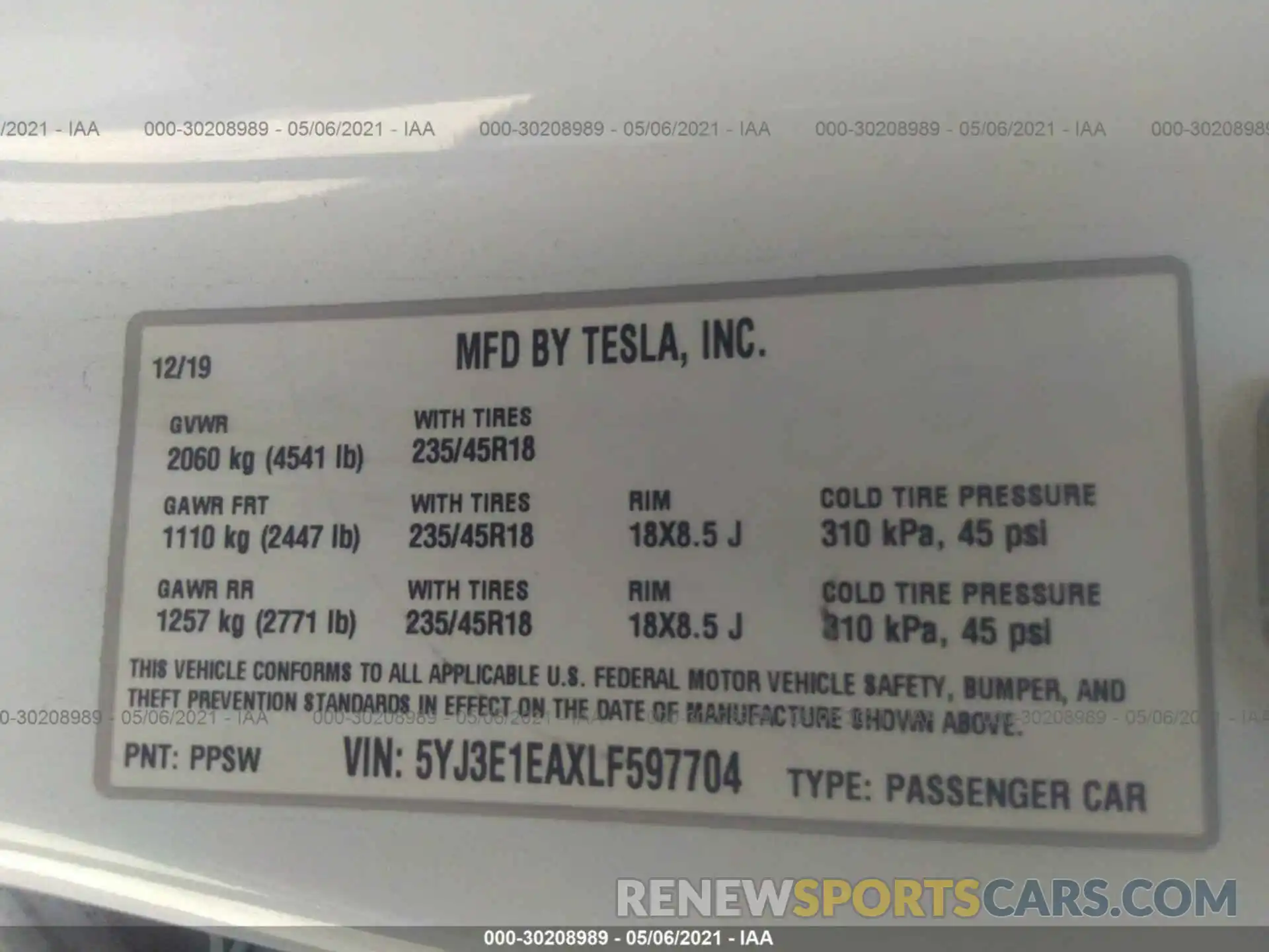 9 Photograph of a damaged car 5YJ3E1EAXLF597704 TESLA MODEL 3 2020