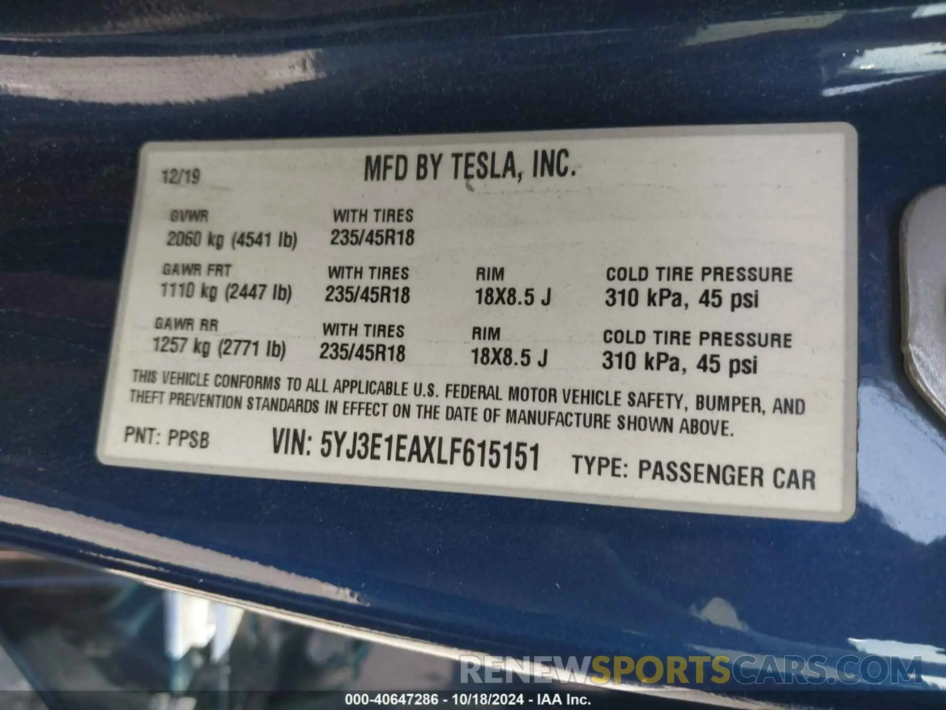 9 Photograph of a damaged car 5YJ3E1EAXLF615151 TESLA MODEL 3 2020