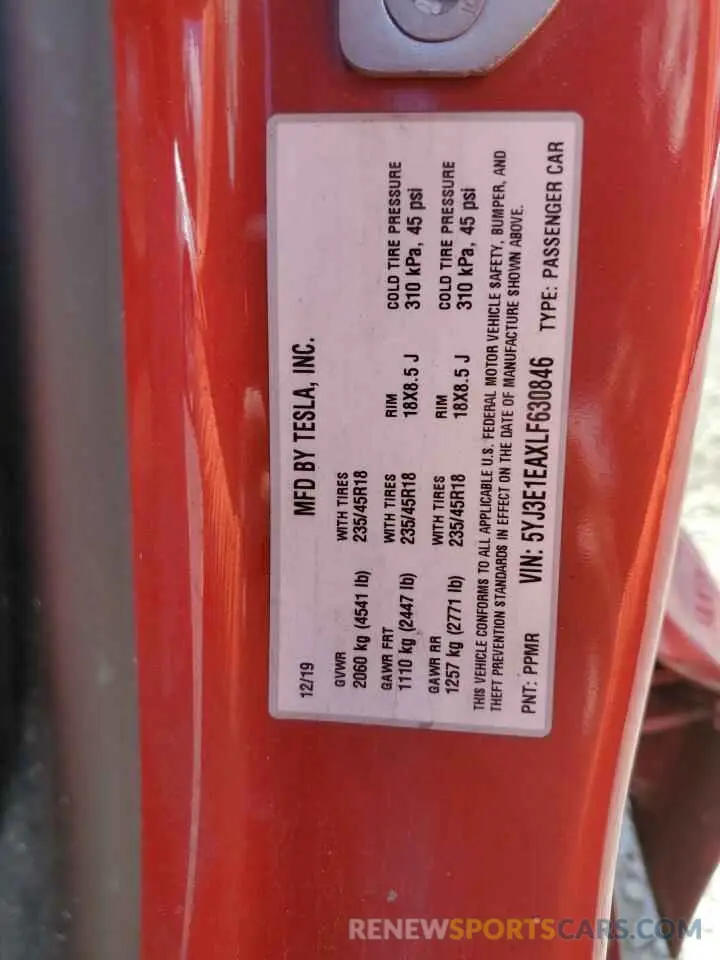 12 Photograph of a damaged car 5YJ3E1EAXLF630846 TESLA MODEL 3 2020