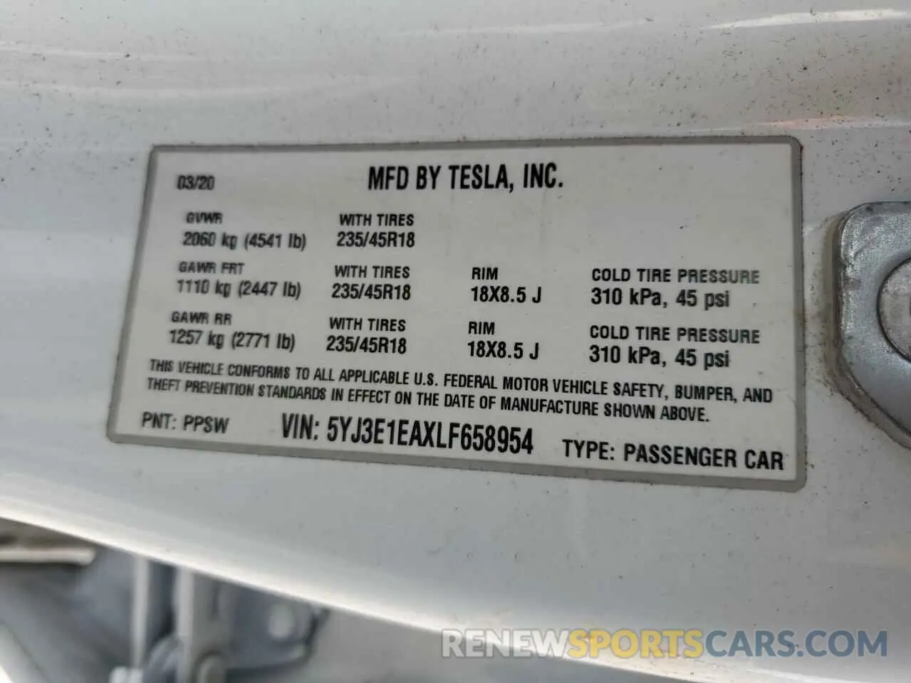 12 Photograph of a damaged car 5YJ3E1EAXLF658954 TESLA MODEL 3 2020