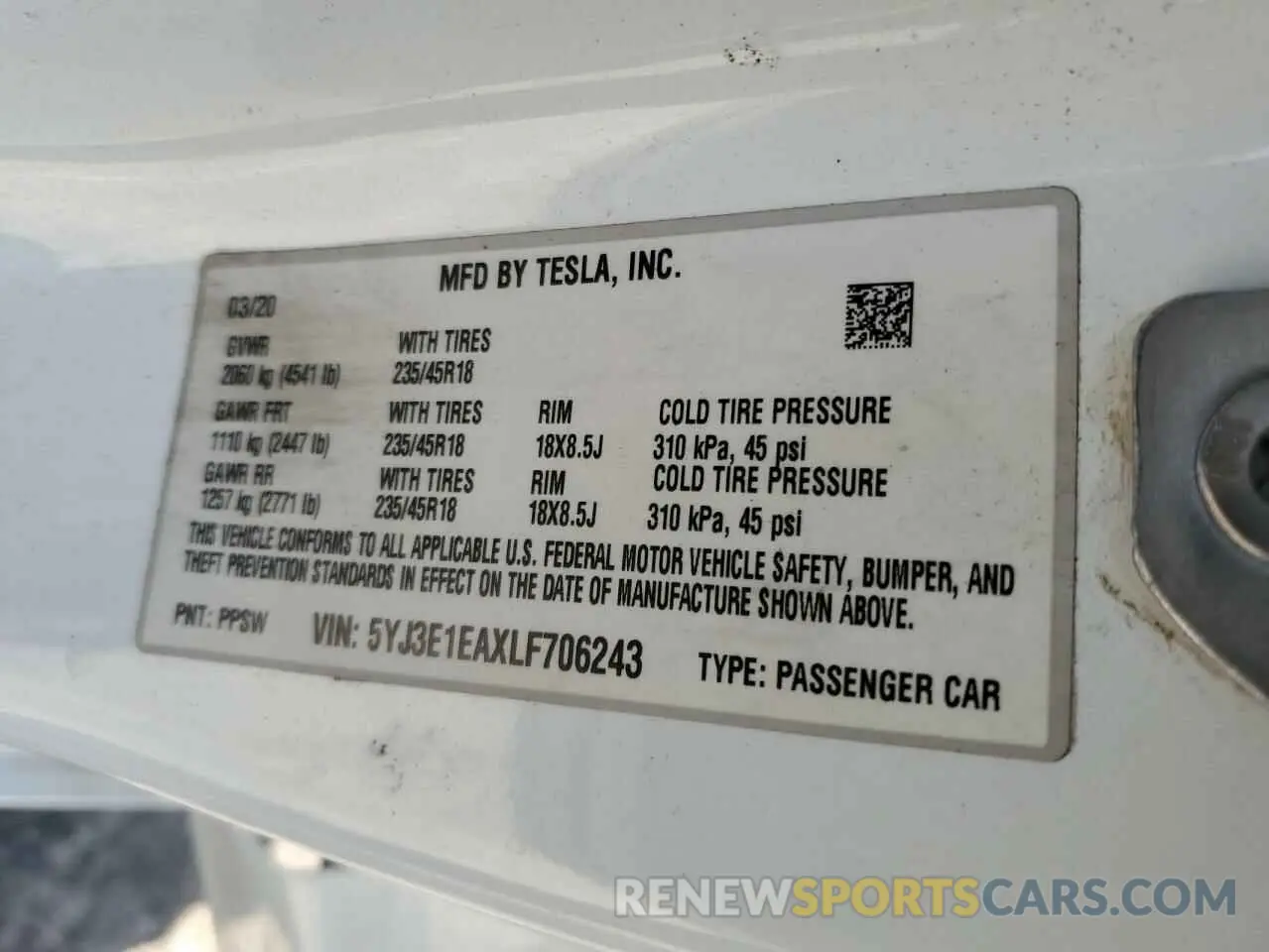 12 Photograph of a damaged car 5YJ3E1EAXLF706243 TESLA MODEL 3 2020