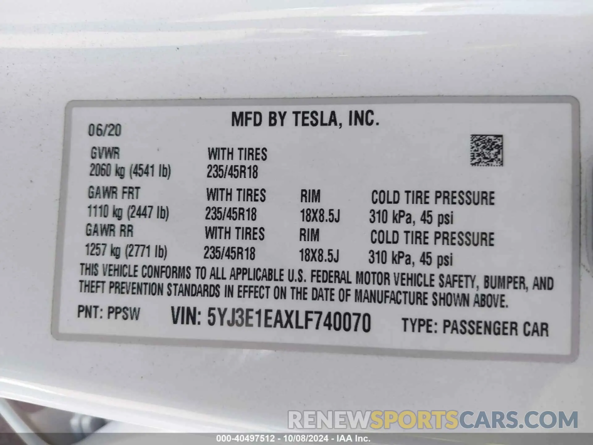 9 Photograph of a damaged car 5YJ3E1EAXLF740070 TESLA MODEL 3 2020