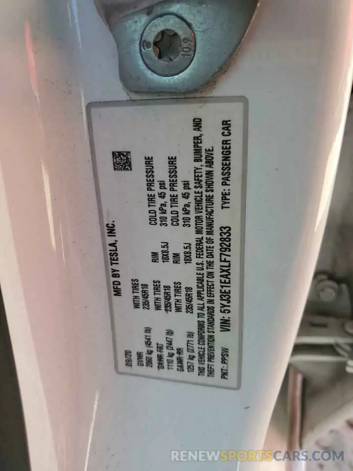 12 Photograph of a damaged car 5YJ3E1EAXLF792833 TESLA MODEL 3 2020