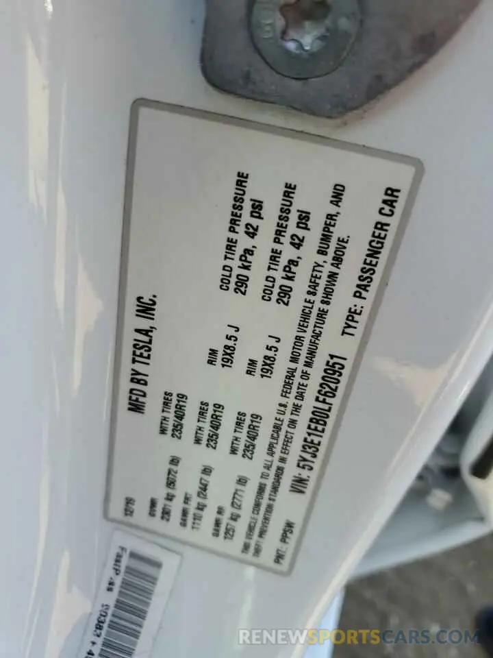 12 Photograph of a damaged car 5YJ3E1EB0LF620951 TESLA MODEL 3 2020