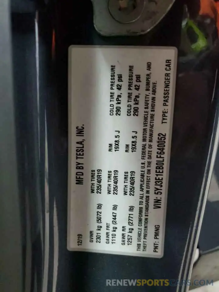 14 Photograph of a damaged car 5YJ3E1EB0LF640052 TESLA MODEL 3 2020