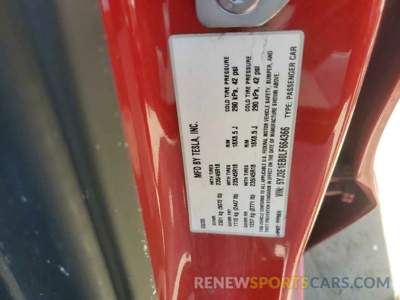 12 Photograph of a damaged car 5YJ3E1EB0LF664366 TESLA MODEL 3 2020