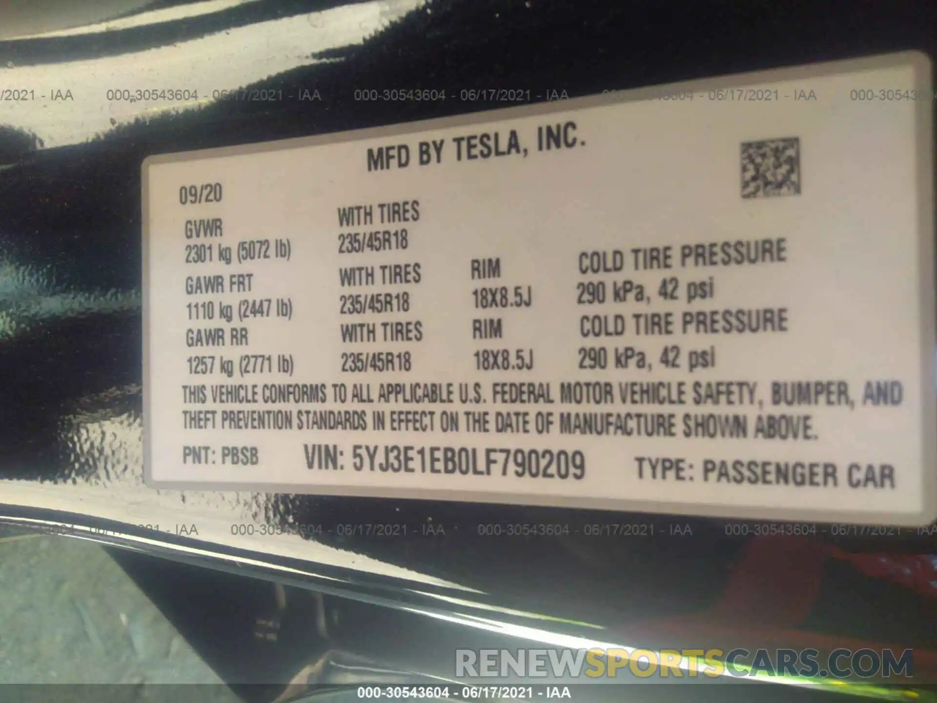 9 Photograph of a damaged car 5YJ3E1EB0LF790209 TESLA MODEL 3 2020