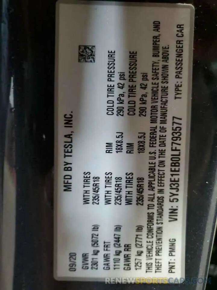 13 Photograph of a damaged car 5YJ3E1EB0LF793577 TESLA MODEL 3 2020